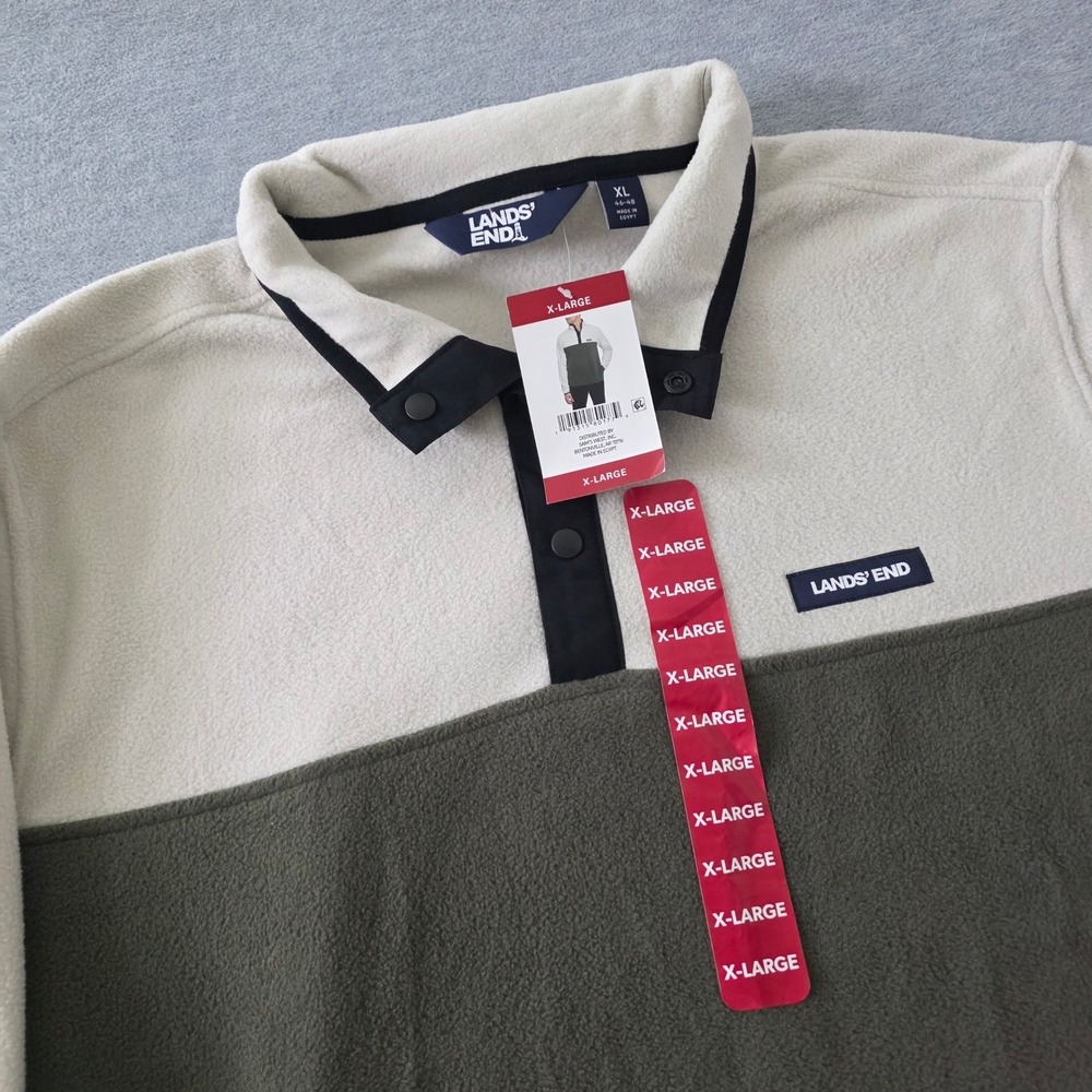 Lands End Mens XL Fleece Pullover Colorblock Snap Neck Cream Olive Green